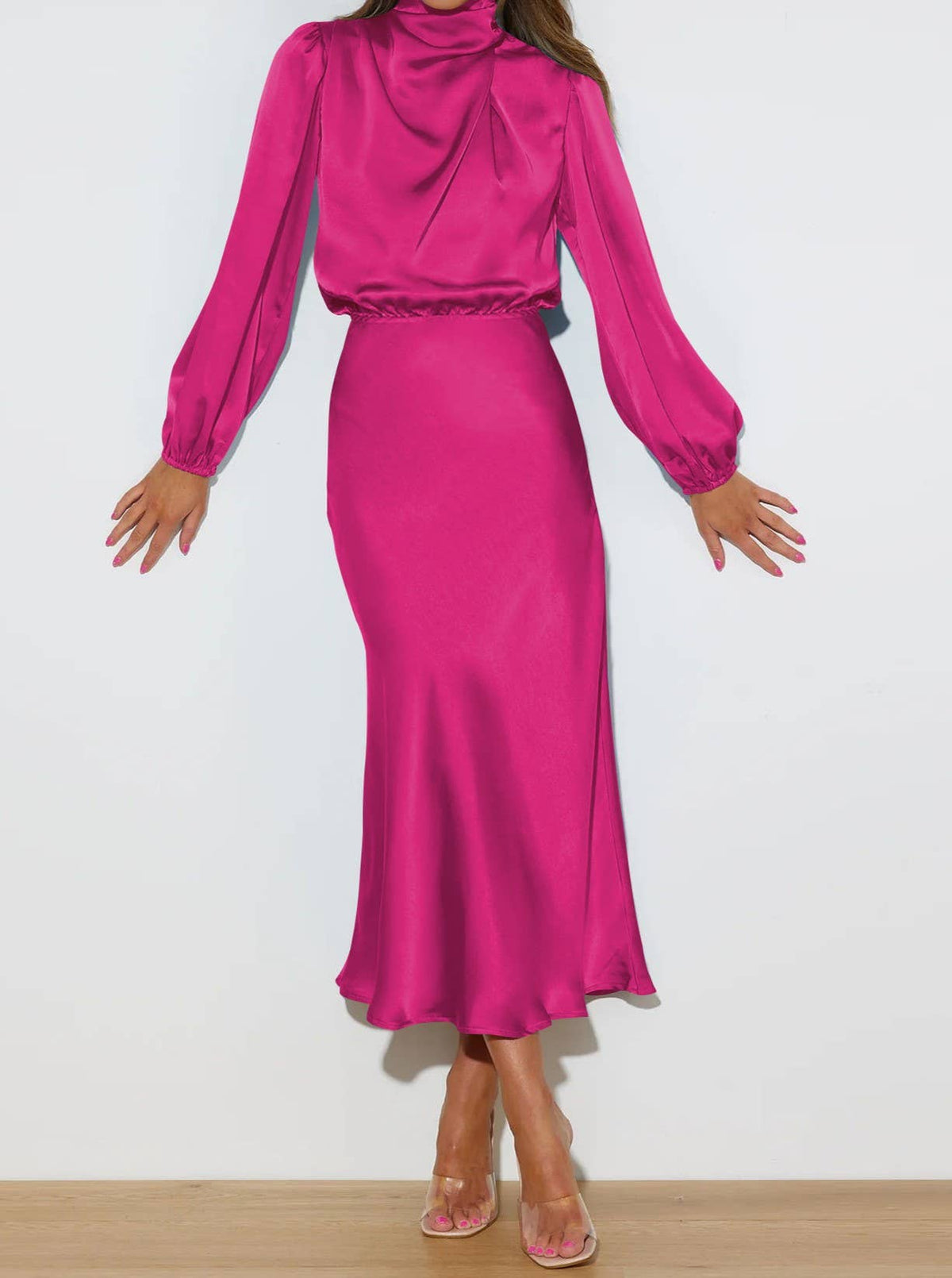 Satin Long-Sleeved Lace Pleated Dress