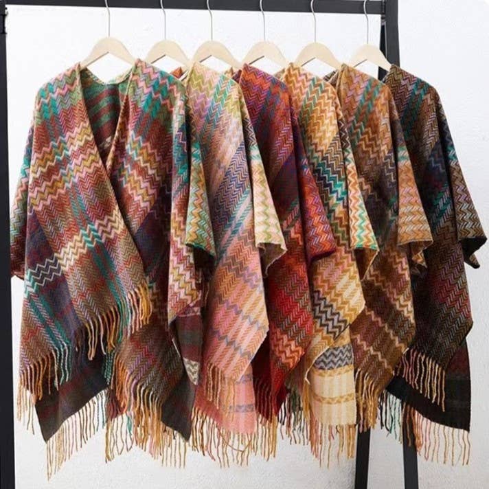 Bohemia Western Ethnic plaid tassel kimono Thermal Cape